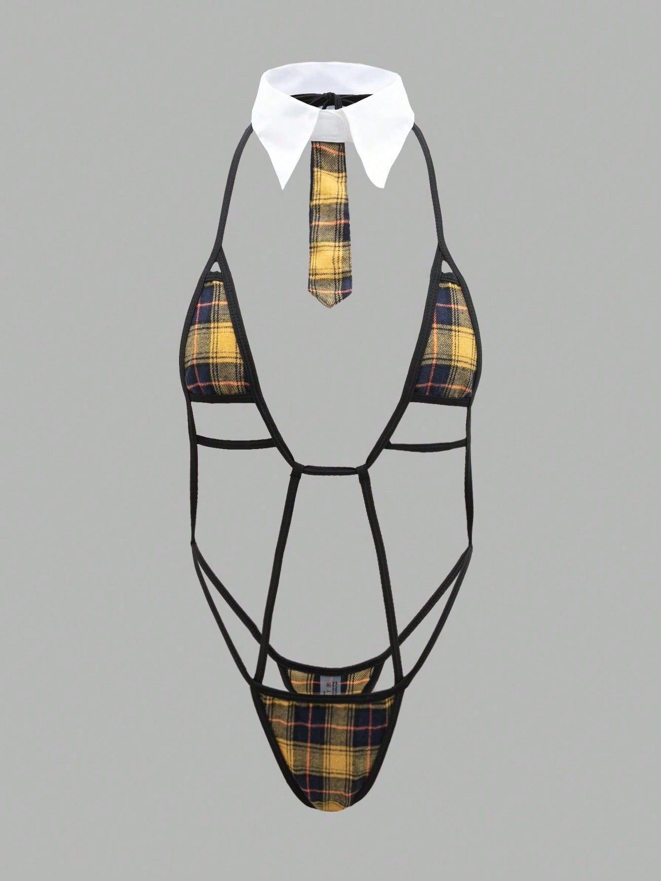 Image of Cross-border foreign trade explosive women's sexy tie strap-on one-piece plaid hollow sex set spot wholesale women